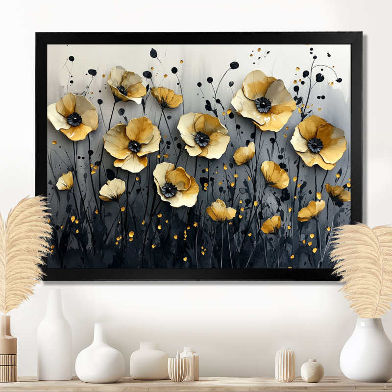Murlin Golden Desert Blossom of Wildflowers - Art mural fleurs sauvages, H 12 po x l 20 po, Picture Framed, Noir