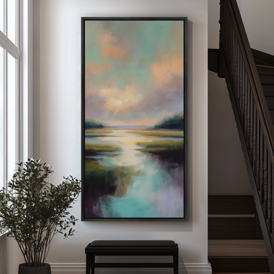 «Serene Sunset Marsh Landscape with Reflective Water - Large encadrée», reproduction d'art sur toile encadrée