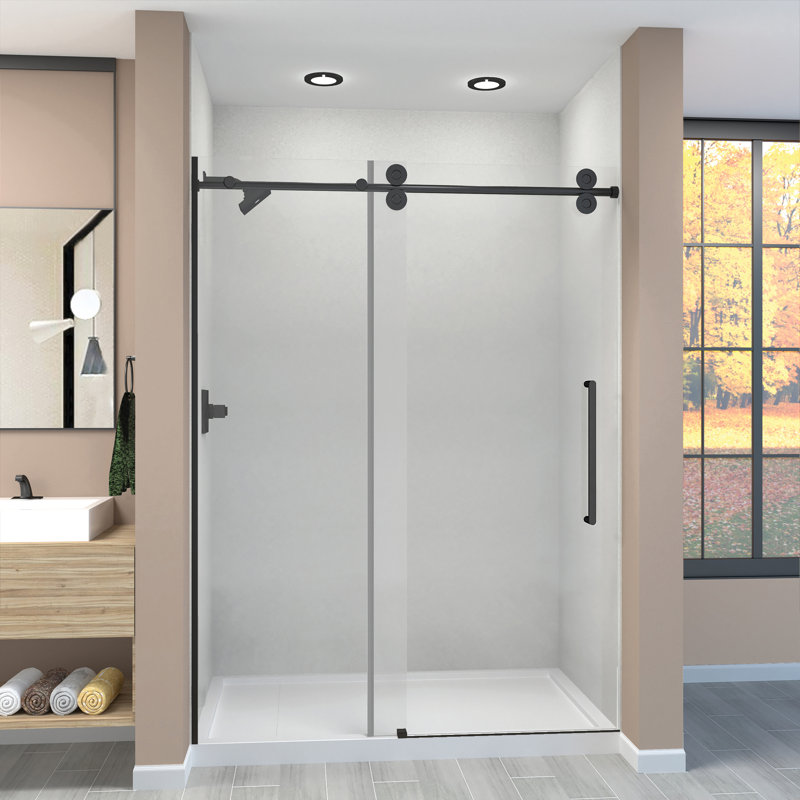 Porte de douche de grange coulissante sans cadre, verre transparent de 3/8 po, 59 po de largeur x 80 po de hauteur, par Transolide Teegan Plus