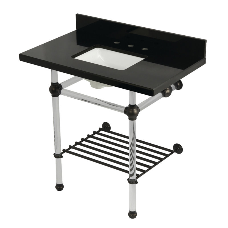 Kingston Brass Templeton 36-Inch Black Granite Console Sink with Acrylic Legs and Shelf (8-Inch, 3-Hole)