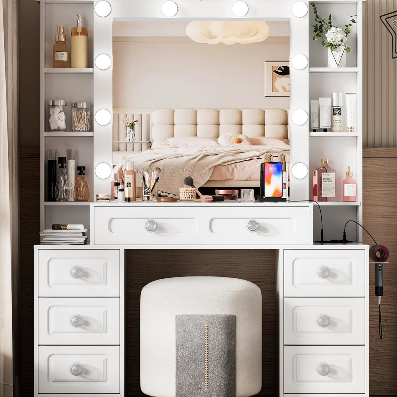 Makeup Table With Mirror, Lights, Glass Top, 7 Drawers, Stool, Open Storage And - Enabled Charging Dressing Vanity Ports Hair Dryer Holder Ideal For Women's Bedroom