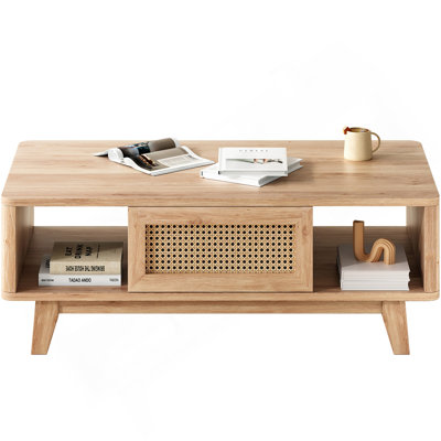 Coffee Table, Mid Century Living Room Tables With Storage, Modern Square With Rattan Drawer, Wooden Living Room Table With  Wood Leg