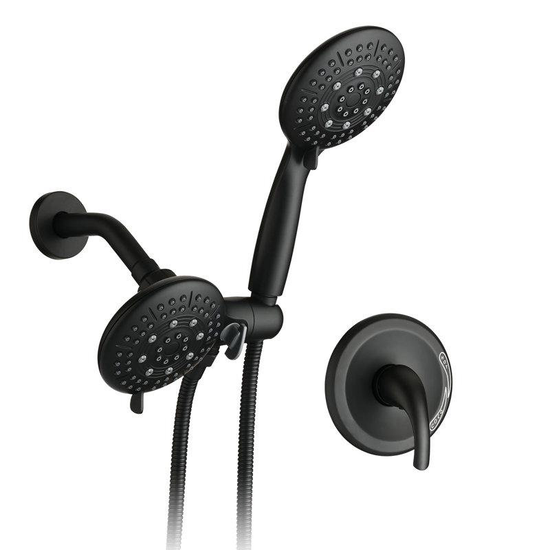Shower Head With Handheld In Matte Black - 6 Spray Patterns, Brass, Energy Efficient High Wall Mounted 1.8 Gpm, Modes, Adjustable Flow, 59" Hose, Includes Rough-In Valve, Power Massage Pattern