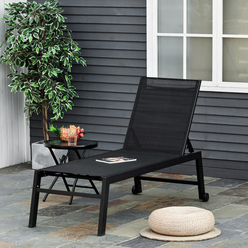 Outdoor Lounge Chair, Patio Lounger With 5-Position Reclining Backrest And 2 Wheels For Poolside, Beach, Lawn