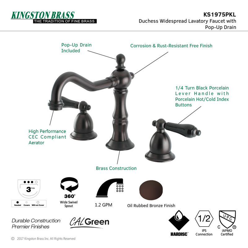 Kingston Brass Duchess Two-Handle 3-Hole Deck Mount Widespread Bathroom Faucet with Brass Pop-Up Drain, Oil Rubbed Bronze
