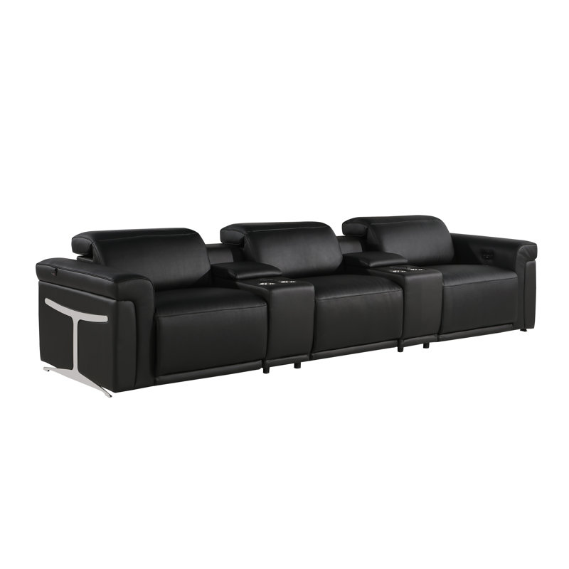 5-Piece 3-Power Reclining Italian Leather Sofa With Power Headrest, Black