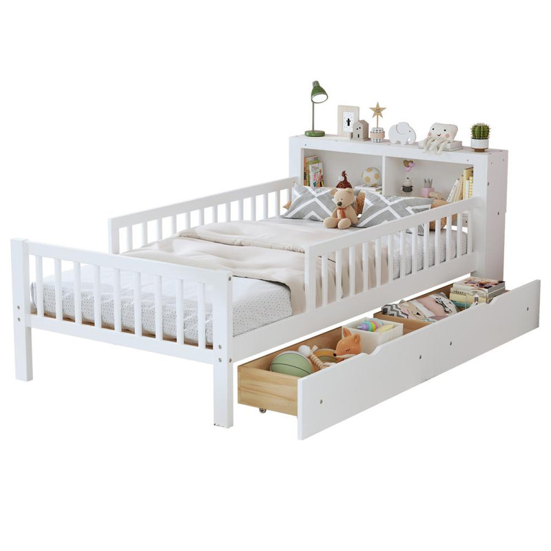 Bed with Headboard Storage Rack, White