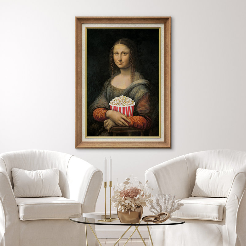 «Mona Lisa With Movie Popcorn» sur toile, Cadre naturel de qualité supérieure, H 36 po x l 26 po