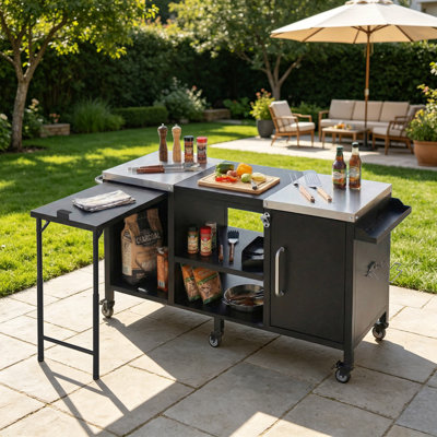 72.4" Outdoor Grill Cart For Big Green Egg With Storage Box, Outdoor Kitchen With Fold-Out Prep Table And Adjustable Shelves, Spice Rack