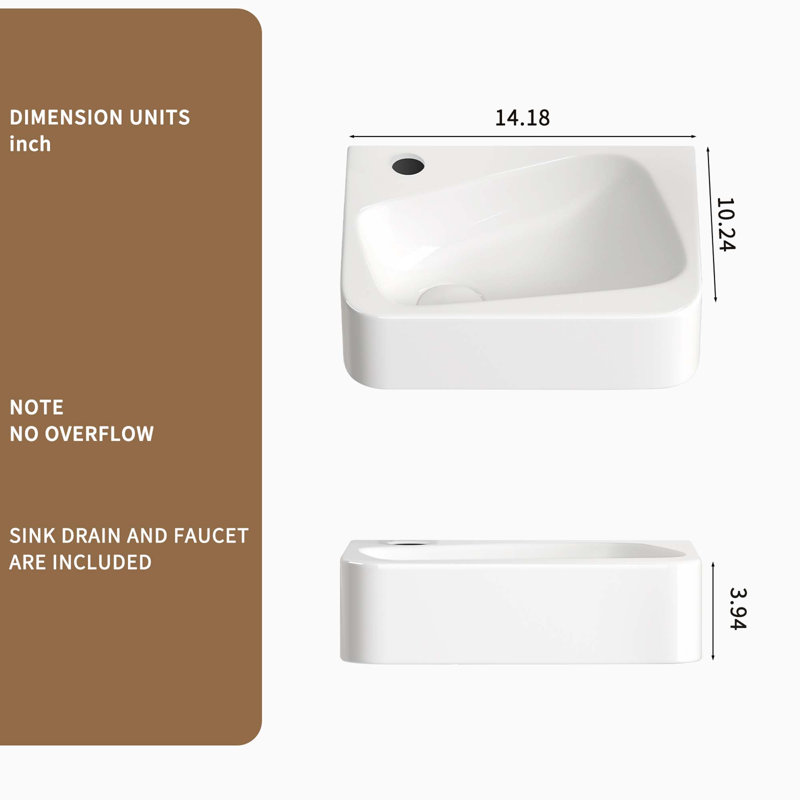 Floating Bathroom Sink Wall Mounted - Rectangle Vessel Sink 14" X 10" Small Modern Bathroom Wall Hung Sink White Porcelain Ceramic Vessel Vanity Sink With Faucet &Drain