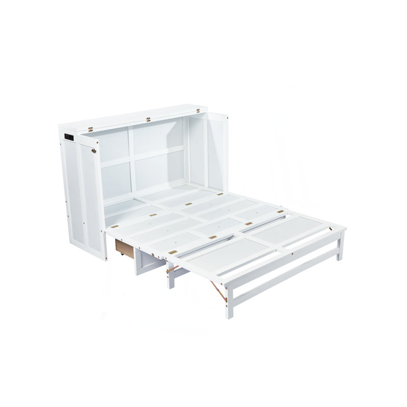 Armoire de lit escamotable complète avec tiroir de rangement et station de charge Murphy, port USB, cadre de lit escamotable en pin massif pour bureau à domicile, studio ou chambre d'amis, blanc