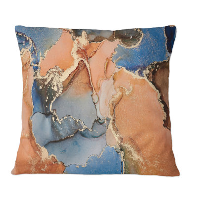 «Blue and Orange Luxury Abstract Fluid Art I», coussin décoratif imprimé moderne