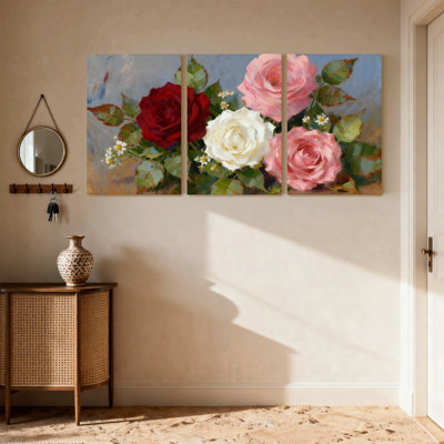 Rose Rose Bouquet With Green Leaves And Small Flowers Set of 3 Canvas Wall Art Prints