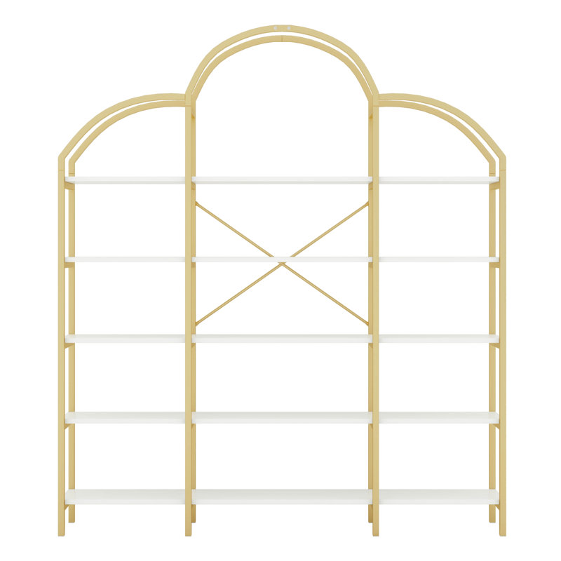 74.8 Inch 5 Tiers Office Bookcase Bookshelf, Display Shelf With Round Top, X Bar Gold Frame For Home Office