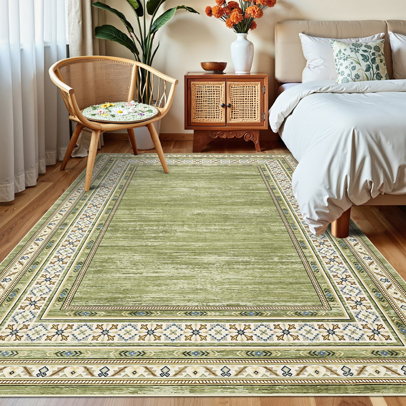 Tapis moderne lavable à la machine avec envers en caoutchouc, Vert, 8 x 10 pi