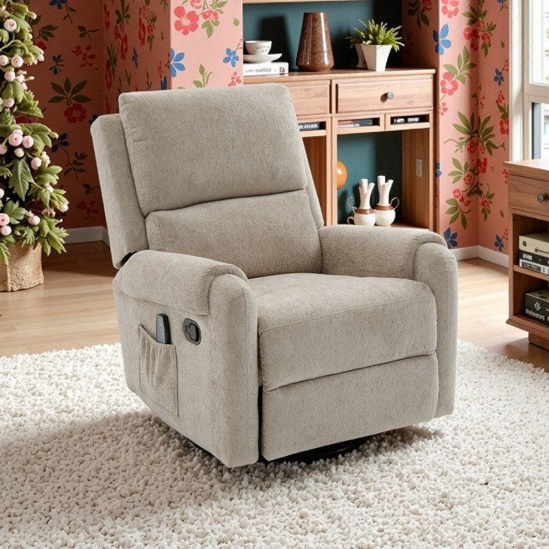 Chenille Upholstery Manual Massage Recliner Chair With Swivel Rocker Adjustable Positions Side Pocket, Oatmeal