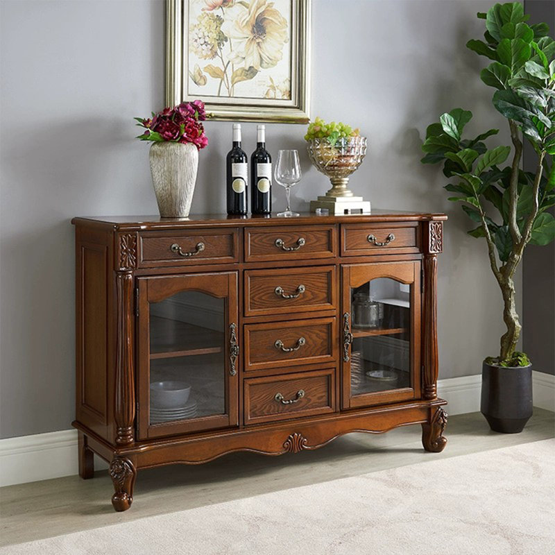 Buffet merisier massif + bois manufacturé + verre, Cerise profonde, H 33,86 po x l 51,58 po x P 15,35 po