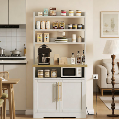 Farmhouse Bakers Rack with Power Outlets & USB, Storage Cabinet Coffee Bar for Kitchen