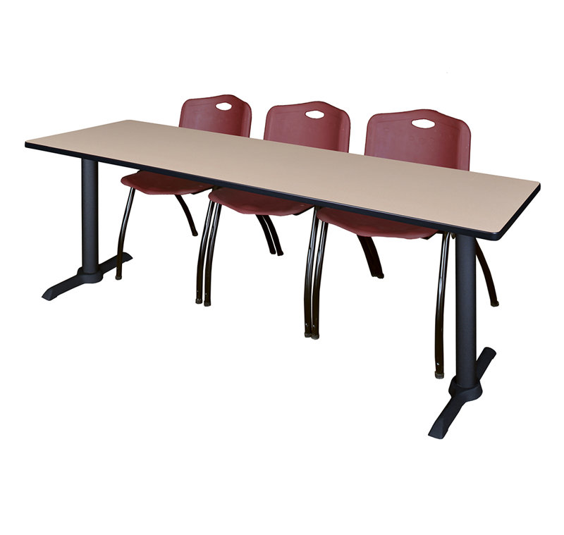 Cain T-Base Training Seminar Table & 3 M Stack Chairs, Grey, Burgundy
