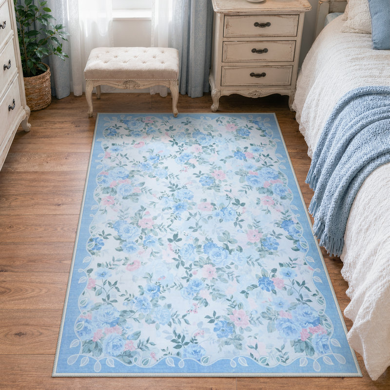 Tapis à motif floral Kaldi, Light Blue, Round 4'