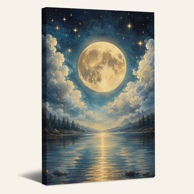 Toile d'Halloween dorée pleine lune sur un lac étoilé avec pin, H 30 po x l 20 po