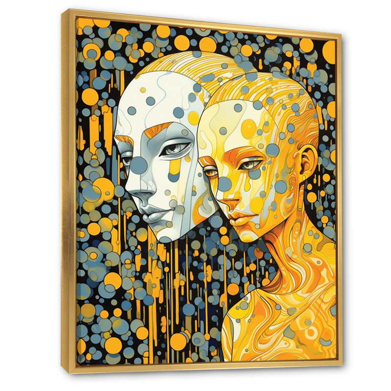 Hot Robots In Love - Illustration murale rétro, H 32 po x l 16 po x P 1 po, Cadre flottant doré