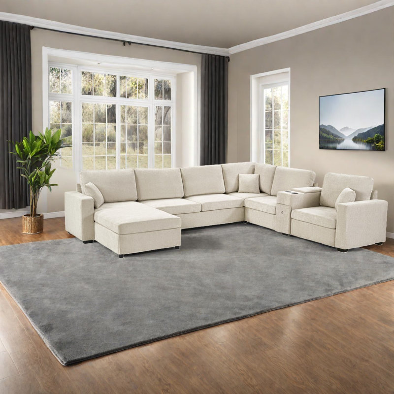 Canapé modulaire spacieux en chenille beige avec rangement en U