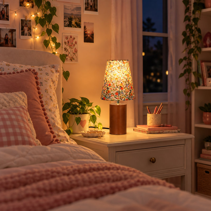 Lampe de table en tissu de noyer floral 6 pouces avec gradation à 3 niveaux pour une ambiance de chevet rétro