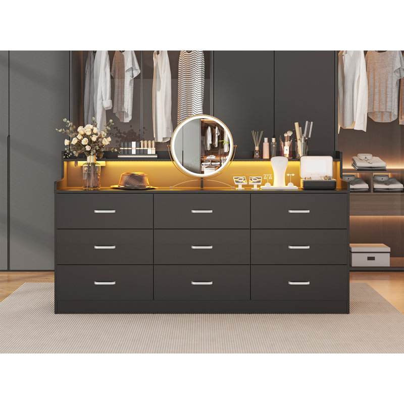 White 9 Drawer Dresser with Charging Station & Led Lights for Bedroom, 63" Large Deep Chest of Drawers,Wooden Dresser Storage Cabinet with 9 Drawers for Bedroom, Long  Dressers for Living Room, Hallway