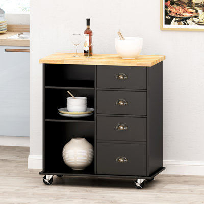 Chariot de cuisine avec tiroirs et porte de 31,18 po x P 17,96 po x P 34,52 po - Bois noir, plateau en bois d'hévéa d'aspect moderne, verrouillable incluse, 2 poignées demi-lune, plateau