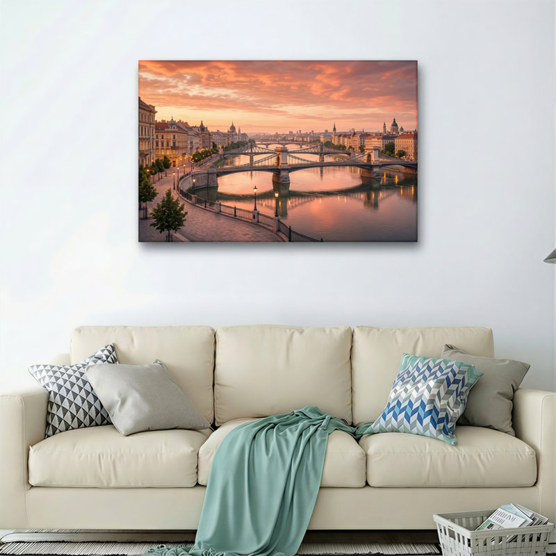 Ensemble de 1 tableau sur toile représentant une rivière au coucher du soleil, 16"H x 24"W, Wrapped Canvas