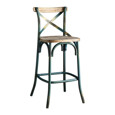 Chaise de bar rustique vintage avec structure en métal, finition turquoise antique et chêne, assise en bois, 1 pièce, idéale pour une salle à manger de style industriel.