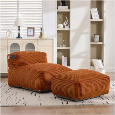  Grand fauteuil à billes en velours côtelé avec repose-pieds, canapé-lit rembourré en mousse à mémoire de forme à haute résilience, fauteuil à billes ergonomique avec poche latérale et base antidérapante pour le balcon de la chambre à coucher
