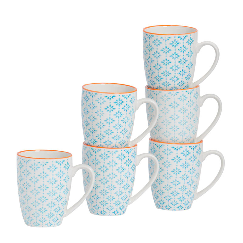 Nicola Spring Nicola Spring Hand-Printed Mug - 330ml - Blue - Pack of 6, 6