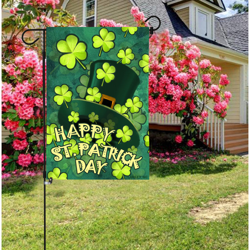Happy St. Patrick's Day Green Hat and Clover Garden Flag