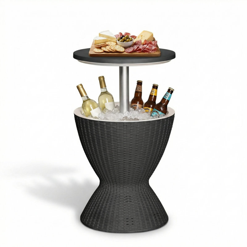 Seau à glace en rotin 30l pour l'extérieur, glacière 3 en 1 et table d'appoint, Noir