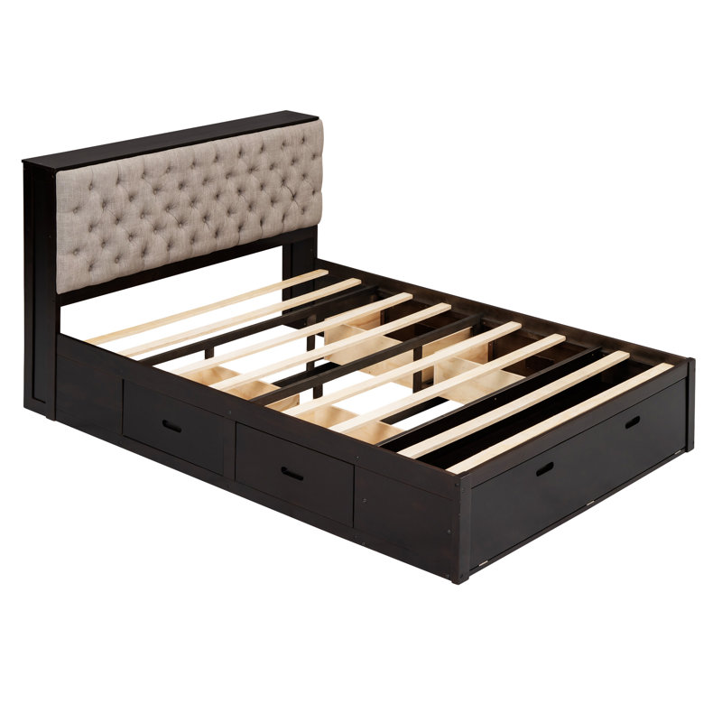 Lit plateforme en bois avec tête de lit, étagère à chaussures et 4 tiroirs, Espresso