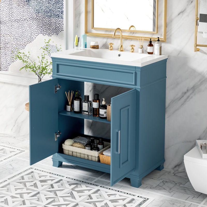 Meuble-lavabo de 30 po avec lavabo en résine, ensemble de meuble-lavabo autoportant avec tablette de rangement, armoire de rangement pour la salle de bain