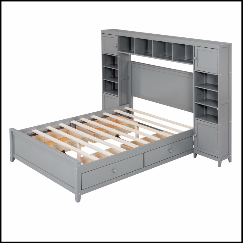 Élégante base de lit en bois avec armoire et tiroirs intégrés, parfaite pour un rangement amélioré et un attrait esthétique