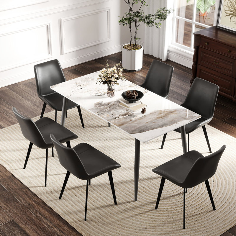 Table de salle à manger rectangulaire en pierre frittée 63,33 "avec pieds en métal gris foncé, esthétique moderne, stable au feu et à haute dureté