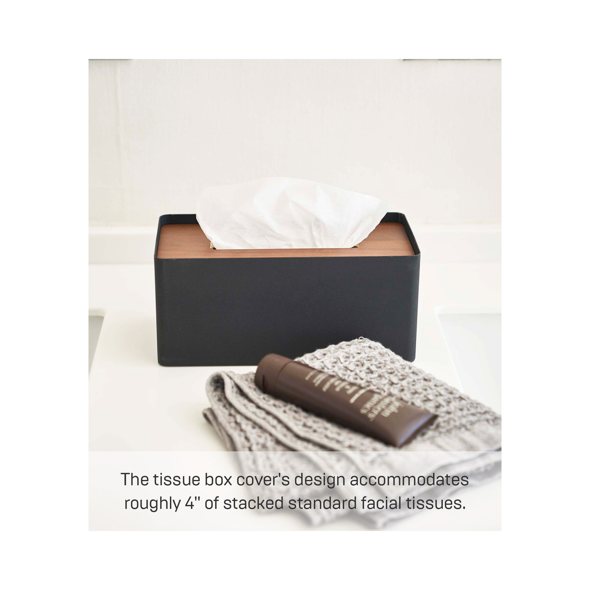 Yamazaki Home Rin Rectangular Reusable Tissue Box Cover Holder Case With Natural Wooden Lid, Steel, Black/Brown