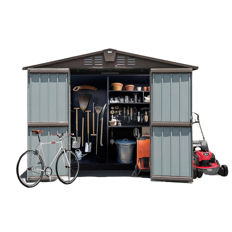 8.2' X 6.2' Outdoor Storage Space - Metal Steel For Lawn Garden Double Lockable Doors, Air Vents Strong, Rust-, Brown Unit Patio Doors & ,