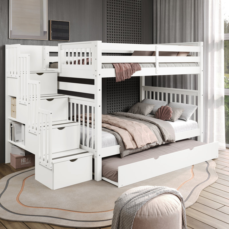 Tena Kids Bunk Bed with Drawers, White, Full Over Full with Full Trundle