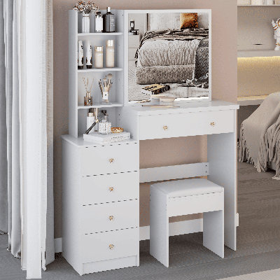 37" Middle Size Left Bedside Cabinet Vanity Table + Cushioned Stool, Extra Large Right sliding mirror, Multi Layer High Capacity Storage, Practical Fashionable Dresser, Suitable For Large Space