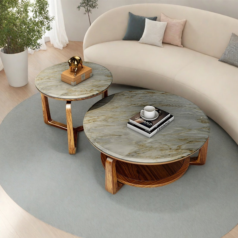 Round solid wood marble coffee table