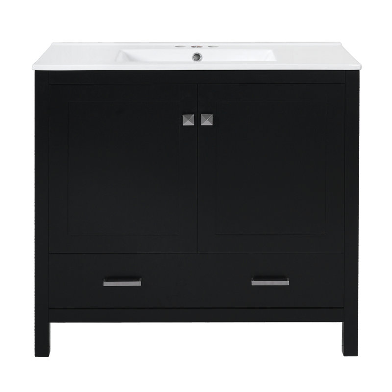 Meuble-lavabo noir 36 po avec lavabo en céramique, portes à fermeture en douceur, tablettes de rangement doubles et tiroir divisé - Armoire de salle de bain moderne avec beaucoup de rangement