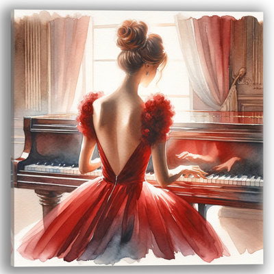 «Resonant Elegance Pianist in Red», reproduction sur toile tendue