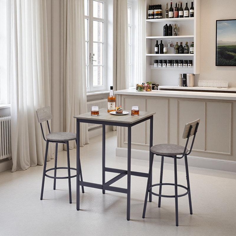Ensemble de table de bar avec 2 tabourets de bar en polyuréthane avec dossier, l 23,62 po x P 23,62 po x H 35,43 po, Gris