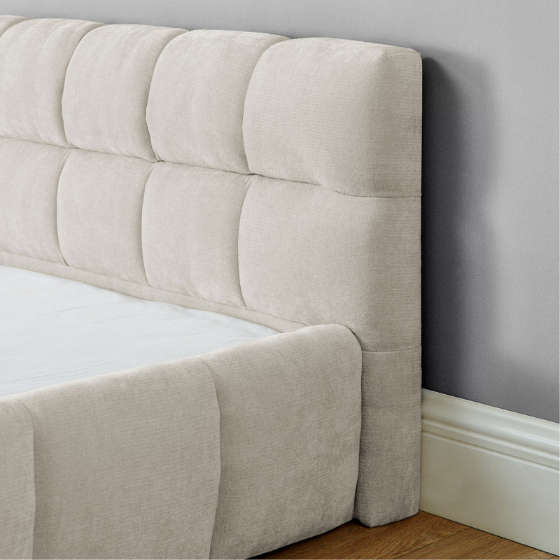 Très grand lit tapissier beige avec tête de lit moelleuse, tissu épais, lit plateforme, sans sommier, facile à assembler, look moderne