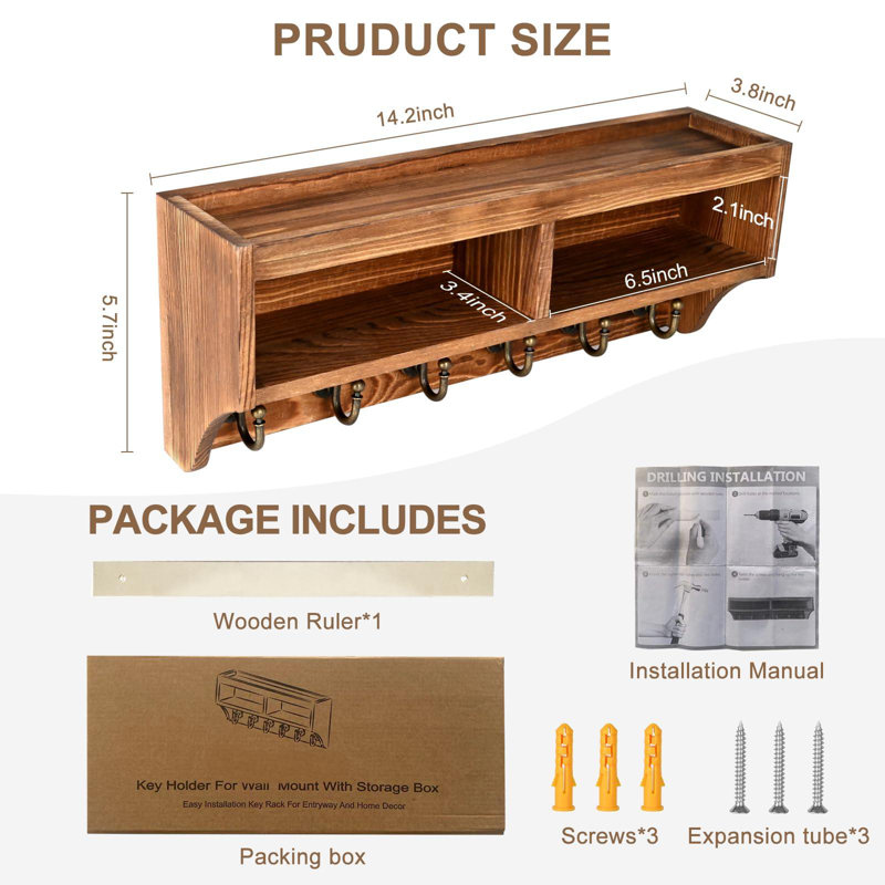 Keychain Wall Mount - Mail Organizer Wall Mount With 6 Key Hooks And Storage Box